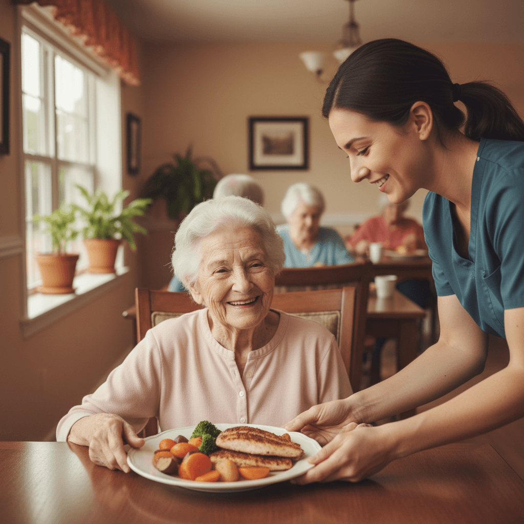 Resident being served a plate of grilled fish and vegetables